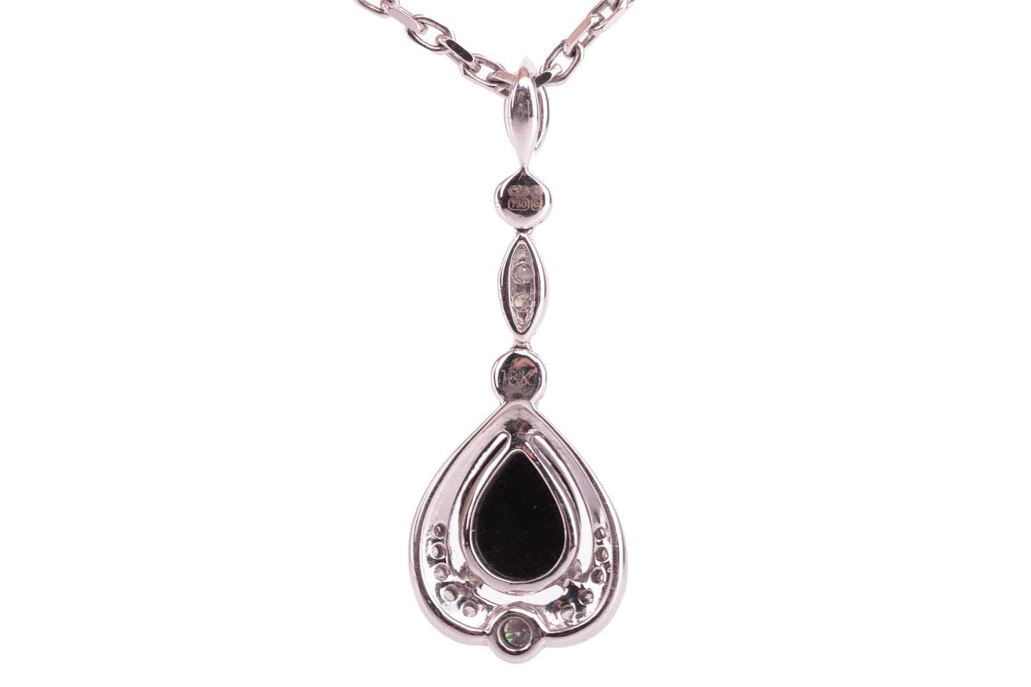 A jet and diamond-set drop pendant, the pear-shaped jet cabochon in a diamond-set mount with millegr - Image 2 of 3