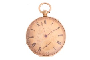 An 18ct yellow gold open-faced pocket watch, featuring a gold face with scrolling and foliate detail