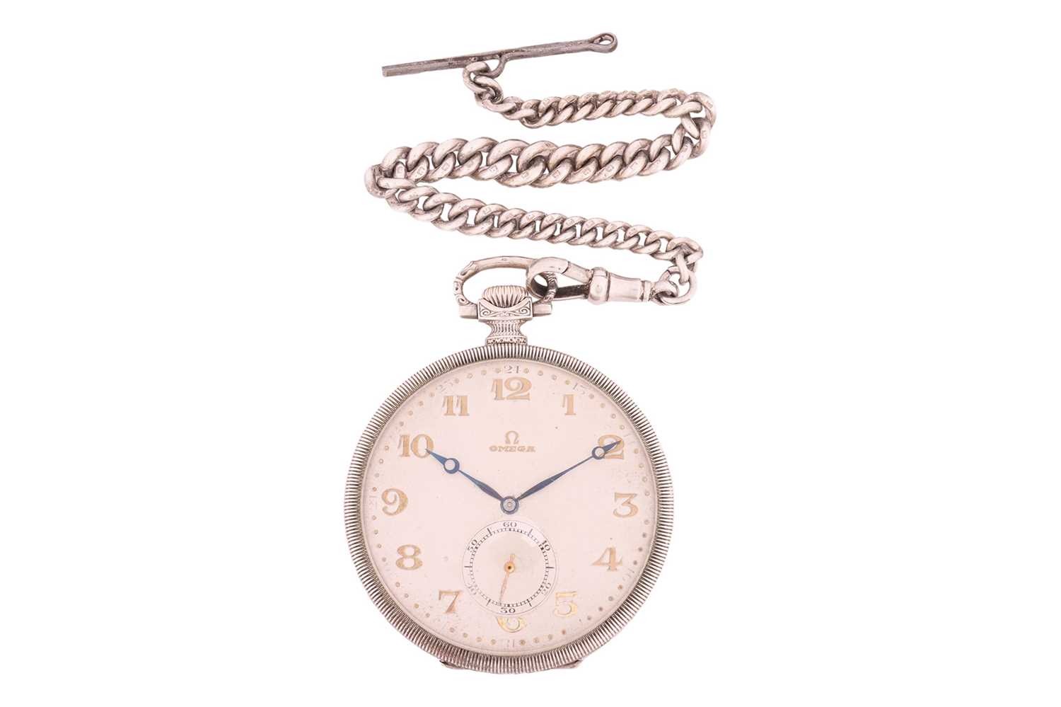 An Omega open-face pocket watch and chain, featuring a keyless wound movement in a silver case measu