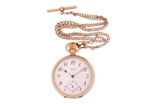 A 9ct gold Waltham open-face pocket watch and a 9ct gold Albert chain. Featuring a keyless wound