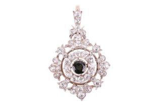 An Edwardian diamond and tourmaline guirlande pendant, with a round centrally-set dark green