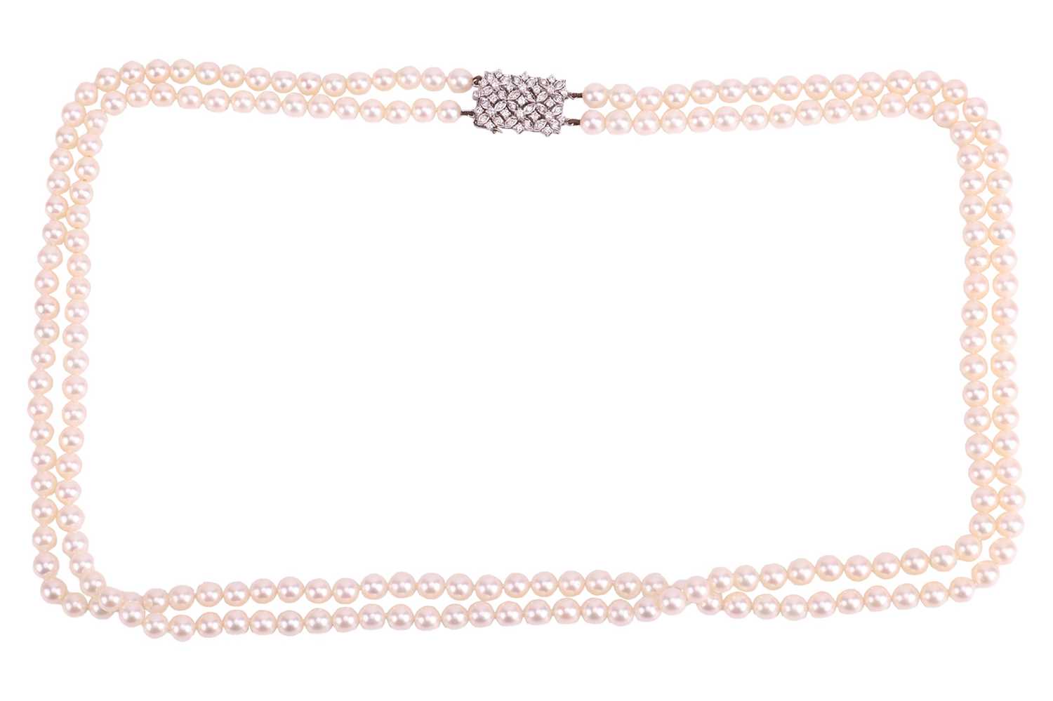 A double-row cultured pearl necklace with diamond clasp, together with a pair of pearl and diamond c - Image 2 of 7