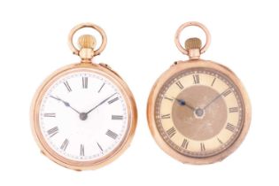 Two open-faced pocket watches, comprising a 9ct gold pocket watch featuring a gold face in an
