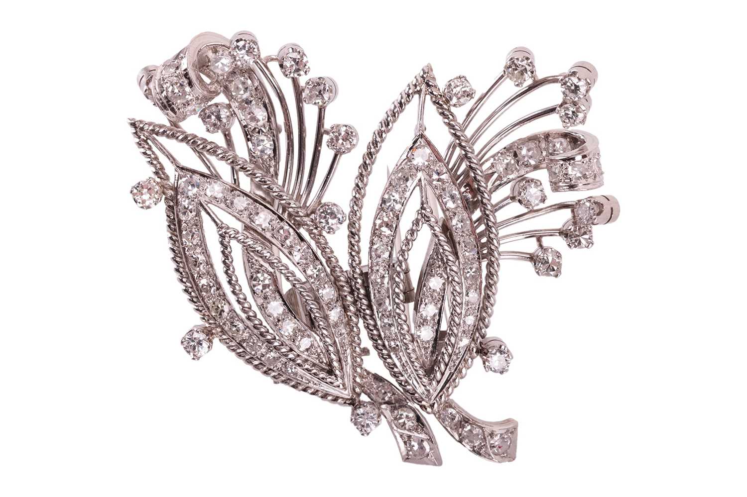A diamond convertible double-clip spray brooch, each clip with a navette-shaped motif and spray, set - Image 2 of 6