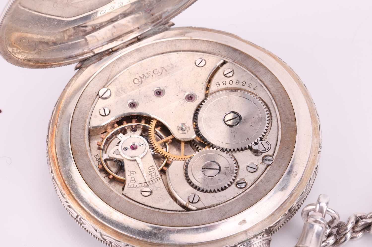 An Omega open-face pocket watch and chain, featuring a keyless wound movement in a silver case measu - Image 4 of 5