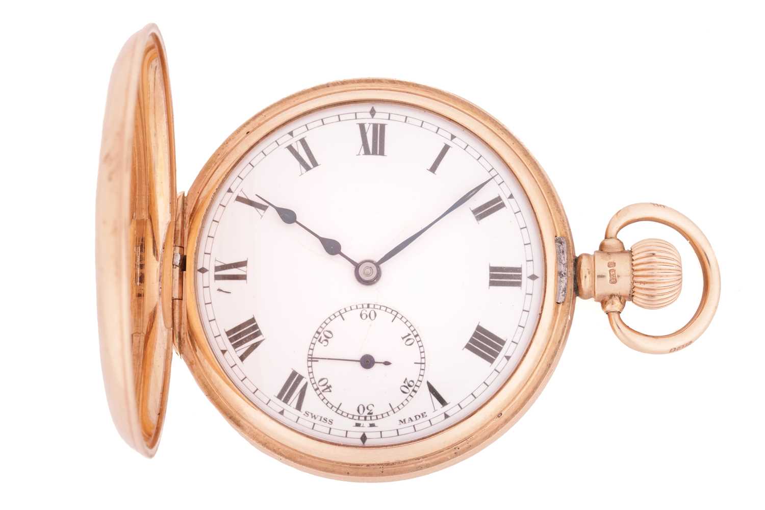 A 9ct gold half-hunter pocket watch featuring a keyless wound Swiss movement in a yellow gold case m - Image 2 of 9