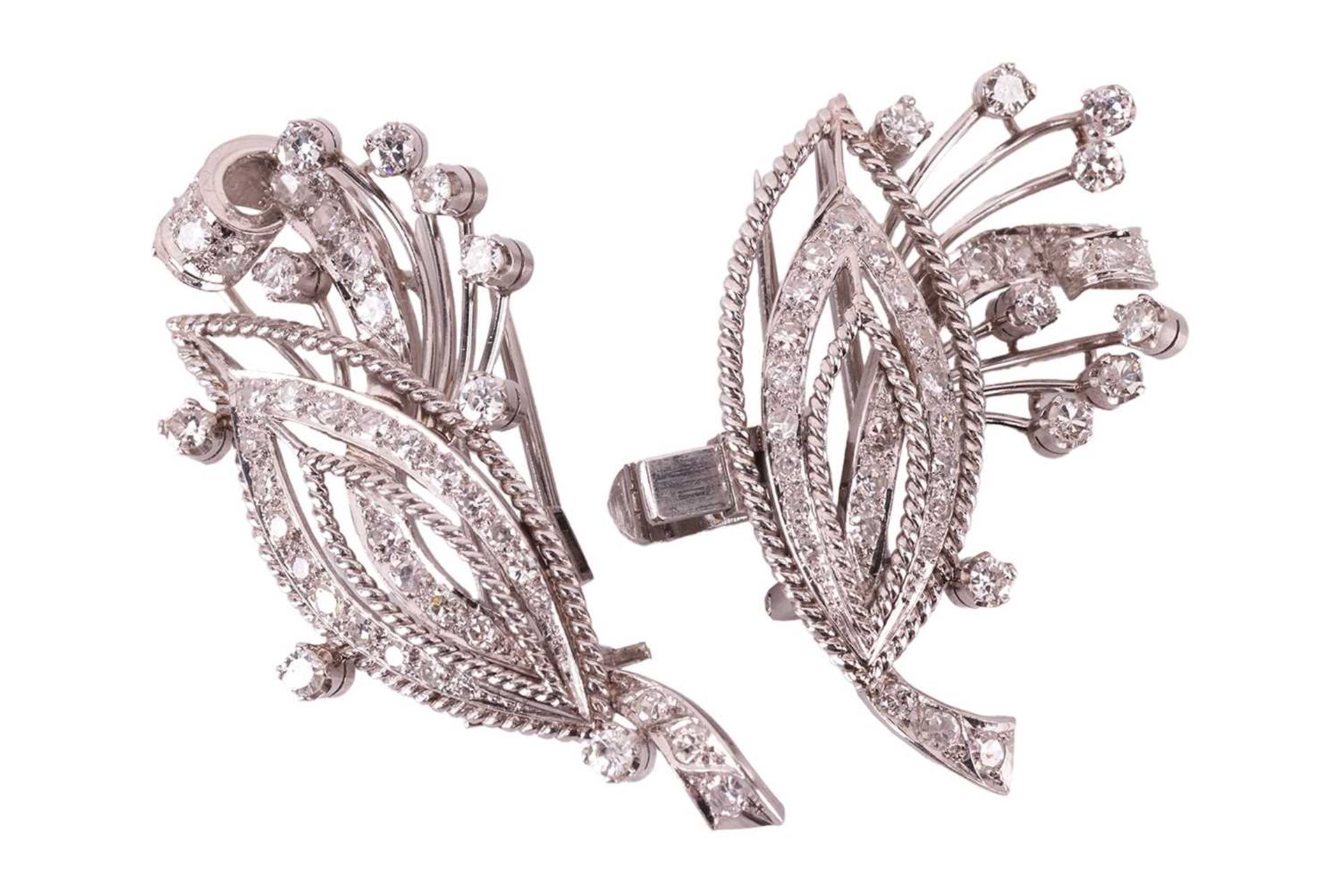 A diamond convertible double-clip spray brooch, each clip with a navette-shaped motif and spray, set - Image 3 of 6