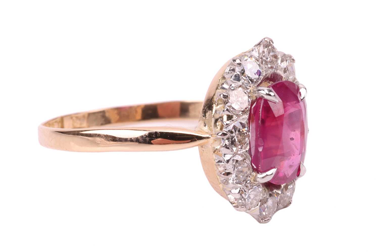 An unheated Burmese ruby and diamond entourage ring, centred with a cushion-cut ruby of 1.37ct, appr - Image 4 of 6