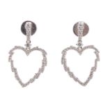 A pair of diamond heart earrings, by Kiki McDonough, each designed as a linear heart-shaped leaf, se