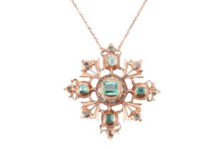An 18th century Iberian emerald pendant, designed as a cross set with table-cut emeralds, the centra