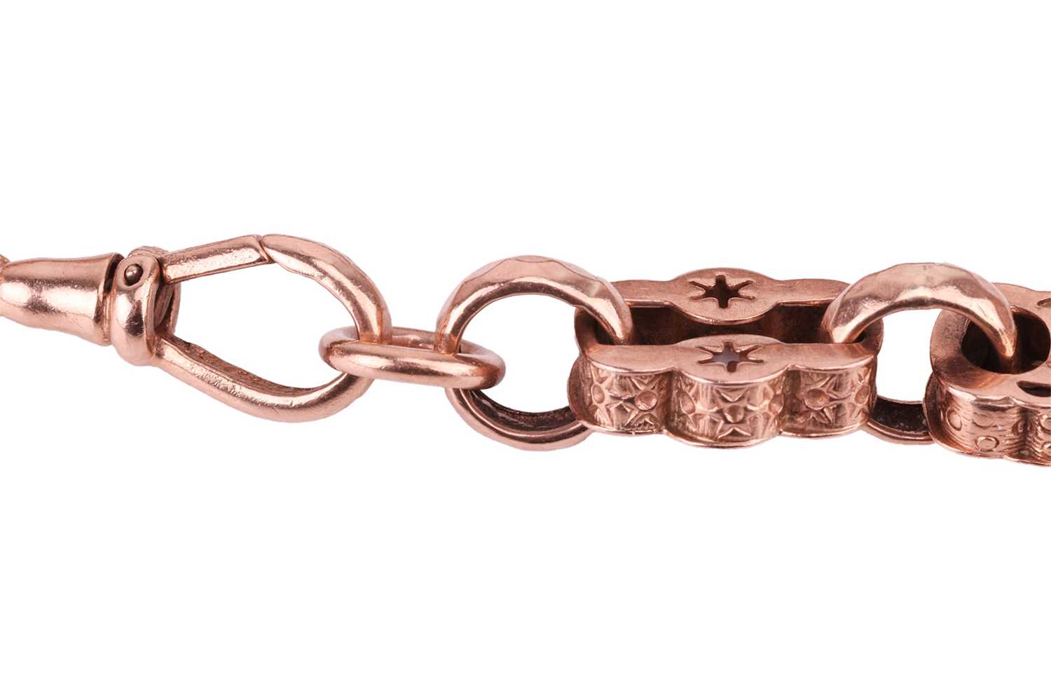 A fancy link bracelet in 9ct rose gold, hollow links with pierced design and a scalloped edge, compl - Image 3 of 3