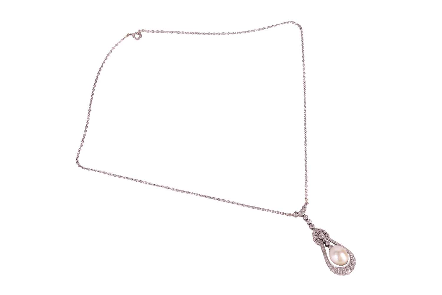 A natural saltwater pearl and diamond lavalier necklace, circa 1920s, featuring an egg-shaped pearl  - Image 3 of 4