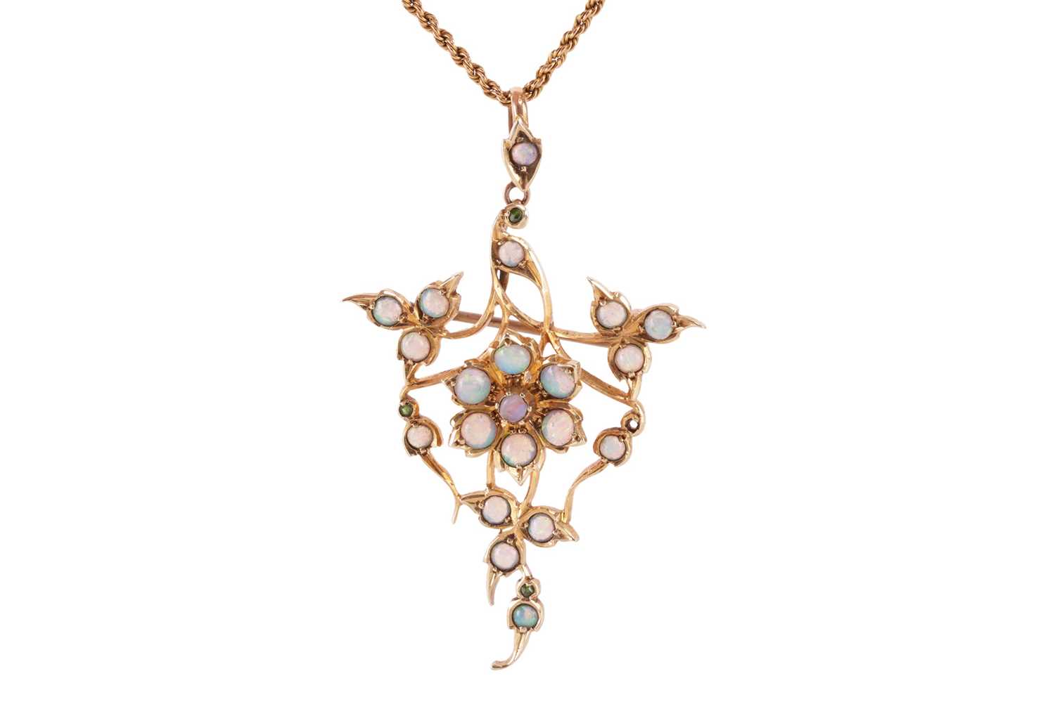 An opal-set floral brooch cum pendant on chain, the openwork mount centred with a flowerhead cluster