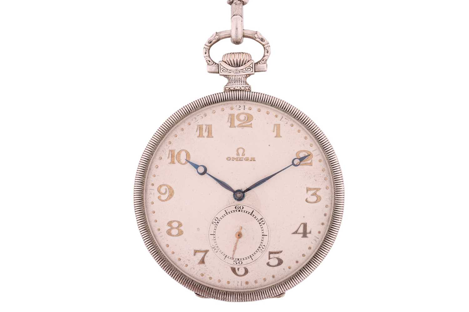 An Omega open-face pocket watch and chain, featuring a keyless wound movement in a silver case measu - Image 2 of 5