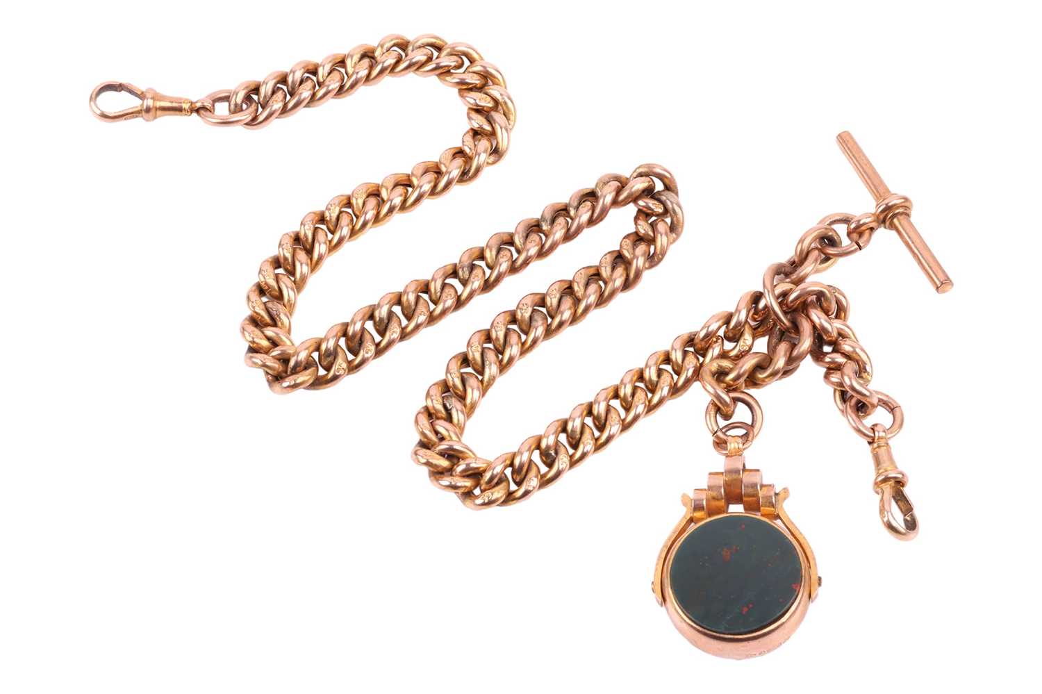 A 9ct gold Albert chain and bloodstone swivel fob, comprising a series of curb links terminated with