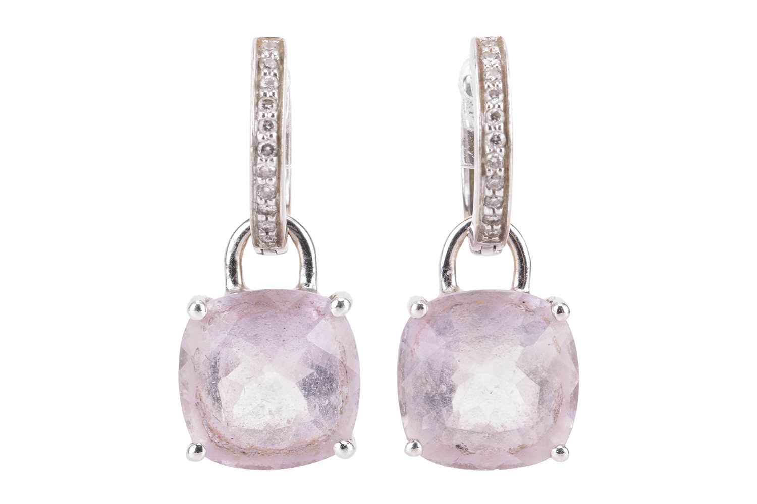 A pair of amethyst and diamond drop earrings, each comprising a diamond-set hoop surmount, suspendin