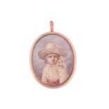 A portrait miniature pendant, depicting a 19th-century young girl wearing a white bonnet and dress w