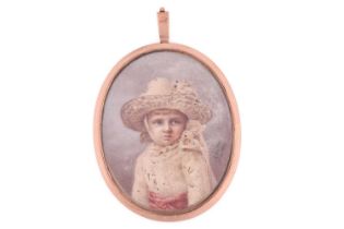 A portrait miniature pendant, depicting a 19th-century young girl wearing a white bonnet and dress