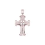 A diamond-set cross pendant in 14ct white gold, of stepped design, channel-set calibre-cut diamonds 