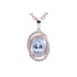 An aquamarine and diamond-set oval pendant, featuring an oval aquamarine, with an estimated carat we