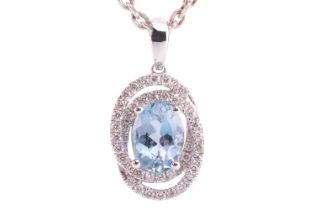 An aquamarine and diamond-set oval pendant, featuring an oval aquamarine, with an estimated carat