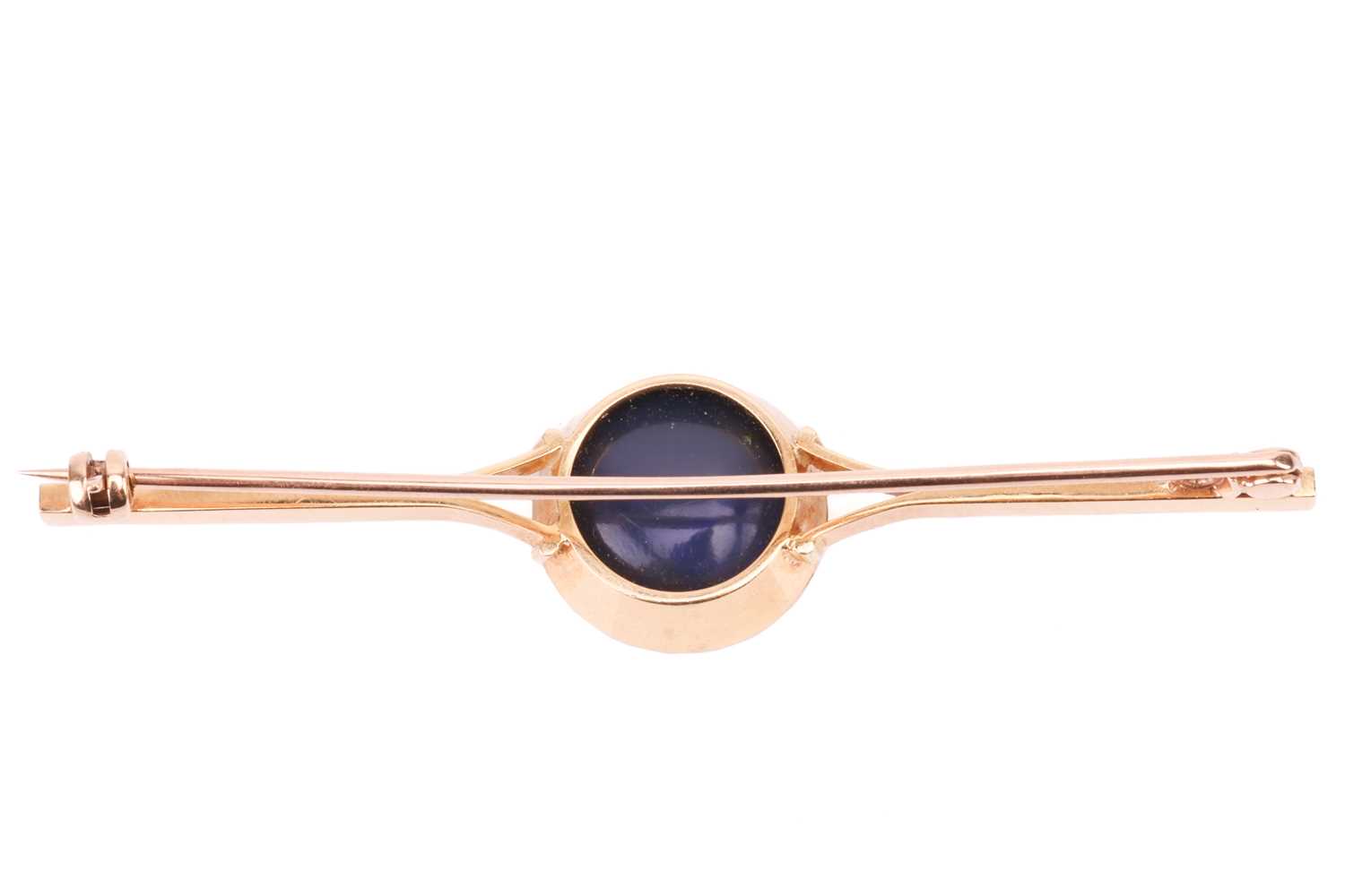 A bar brooch set with a round opal doublet, approximately measures 14.0 mm across, displaying strong - Image 2 of 3