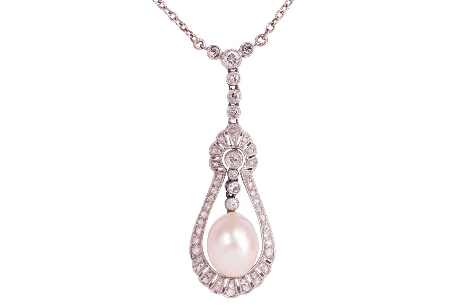 A natural saltwater pearl and diamond lavalier necklace, circa 1920s, featuring an egg-shaped pearl 