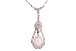 A natural saltwater pearl and diamond lavalier necklace, circa 1920s, featuring an egg-shaped