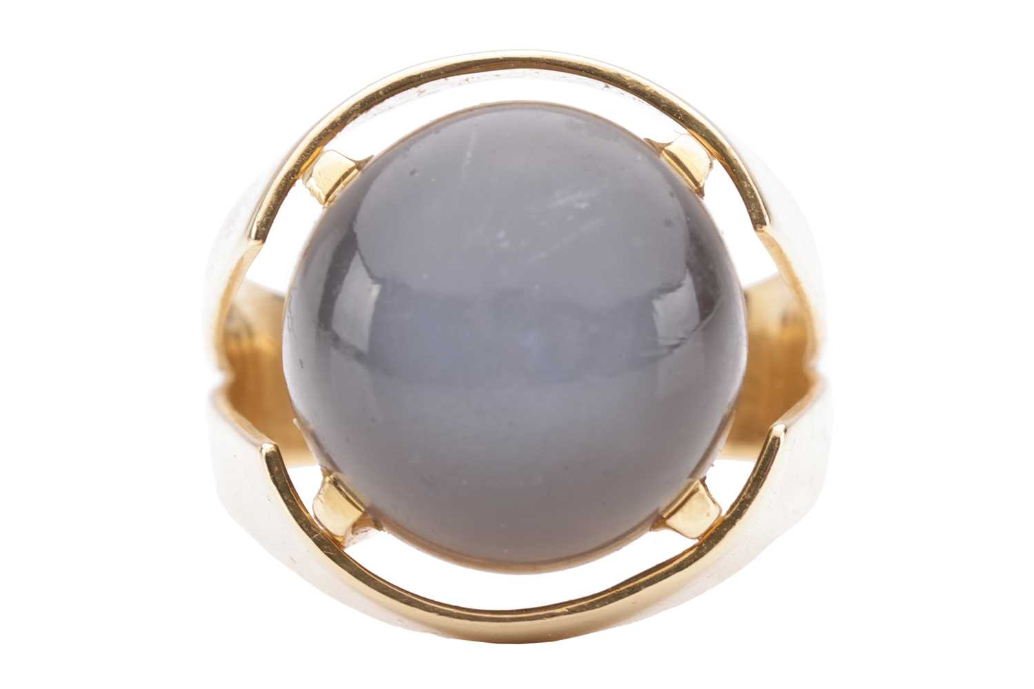 A grey moonstone cabochon cocktail ring, featuring a round moonstone cabochon of 13.5 x 13.5 x 9.0 m