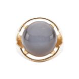 A grey moonstone cabochon cocktail ring, featuring a round moonstone cabochon of 13.5 x 13.5 x 9.0 m