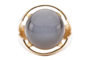 A grey moonstone cabochon cocktail ring, featuring a round moonstone cabochon of 13.5 x 13.5 x 9.0