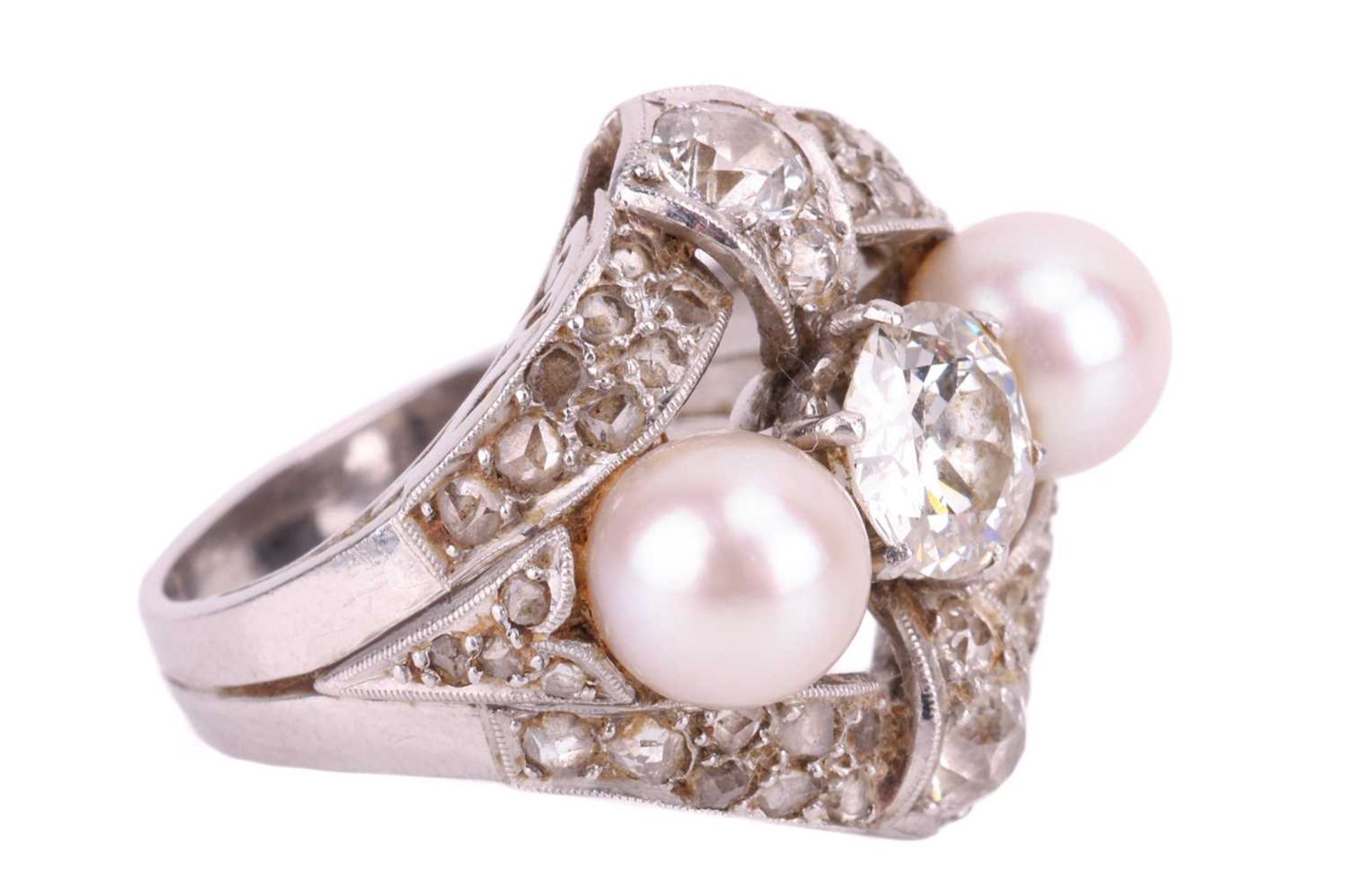 An old-cut diamond and pearl cocktail ring, the principal old European-cut diamond measuring - Image 3 of 4