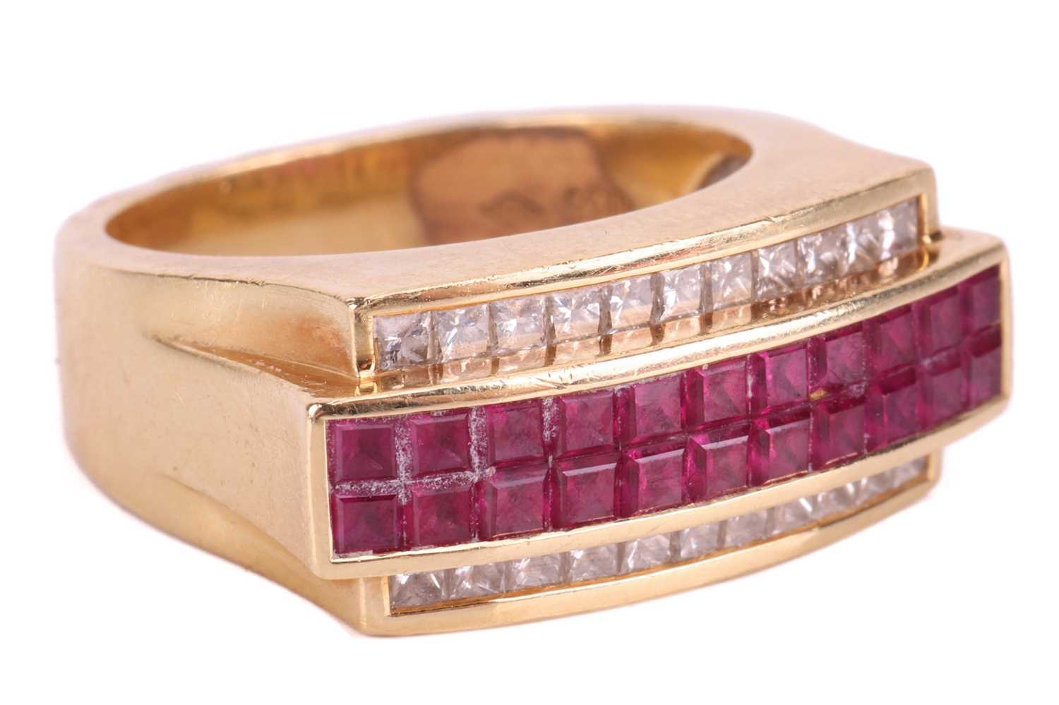 A diamond and ruby-set angular dress ring, featuring calibré-cut rubies set between two rows of prin - Image 3 of 4