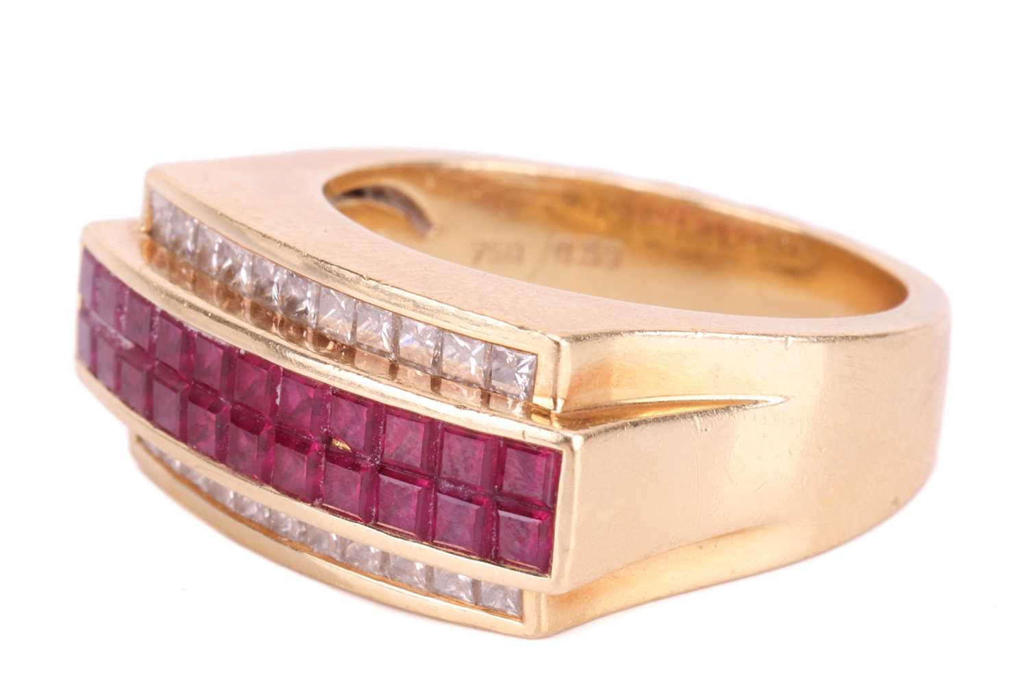 A diamond and ruby-set angular dress ring, featuring calibré-cut rubies set between two rows of prin - Image 2 of 4