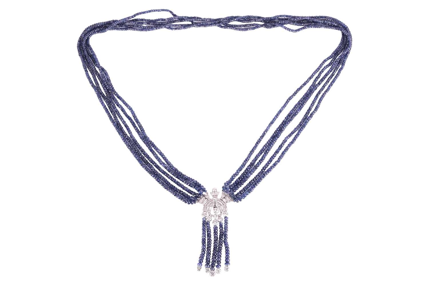 An Art Deco style beaded sapphire and diamond sautoir necklace, composed of five strands of faceted 
