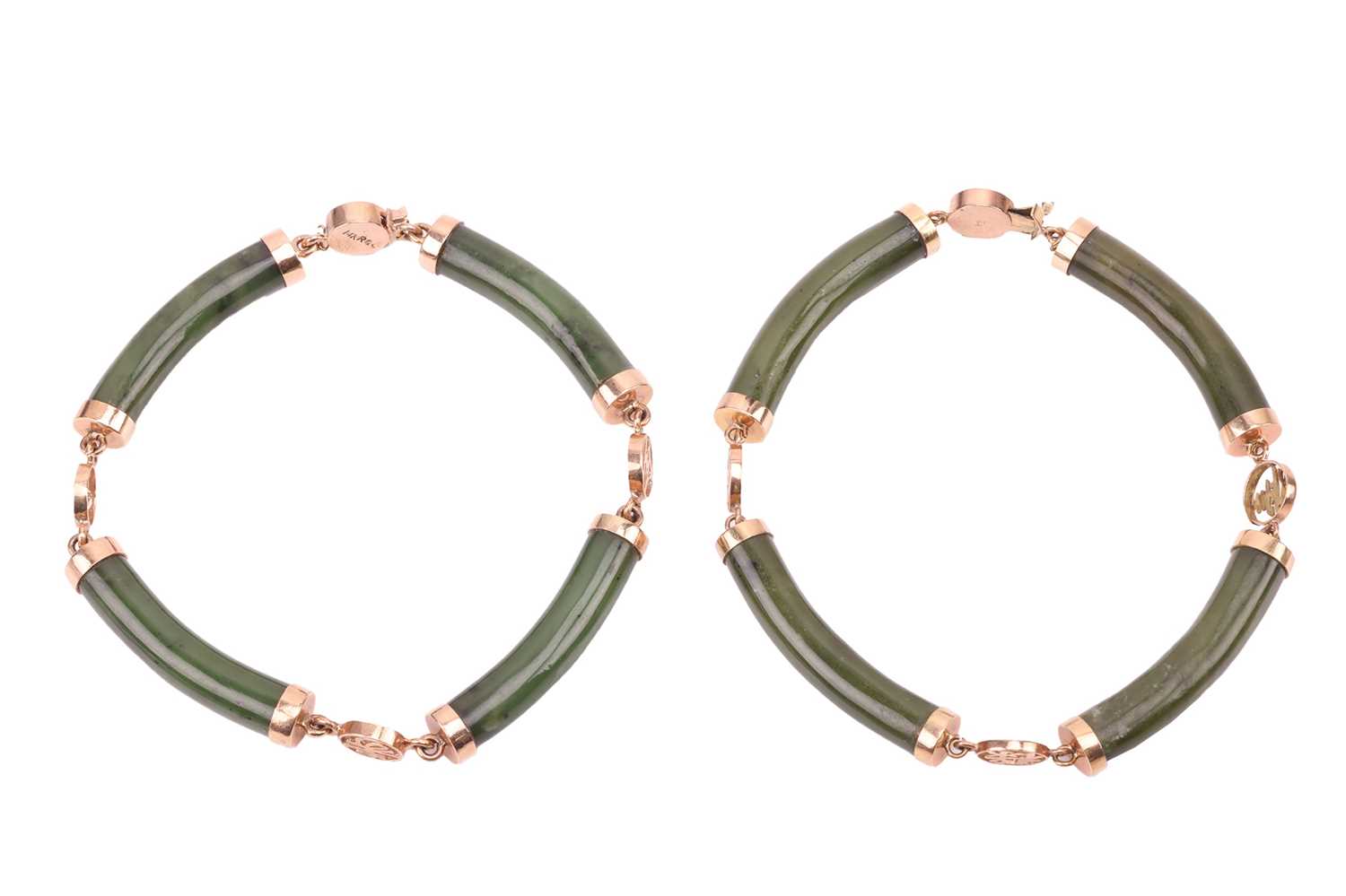 Two Chinese nephrite bracelets, comprising curved nephrite bars, flanked with pierced spacers spelli - Image 2 of 7