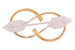 A diamond-set leaf brooch, depicting two leaf motifs, pavé set with round brilliant diamonds, to int