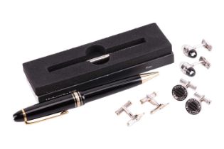 A Mont Blanc ballpoint pen and three pairs of Mont Blanc cufflinks; the Mont Blanc Meisterstuck ball