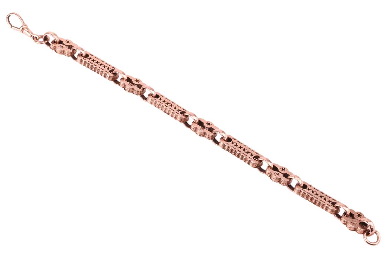 A fancy link bracelet in 9ct rose gold, hollow links with pierced design and a scalloped edge, compl - Image 2 of 3