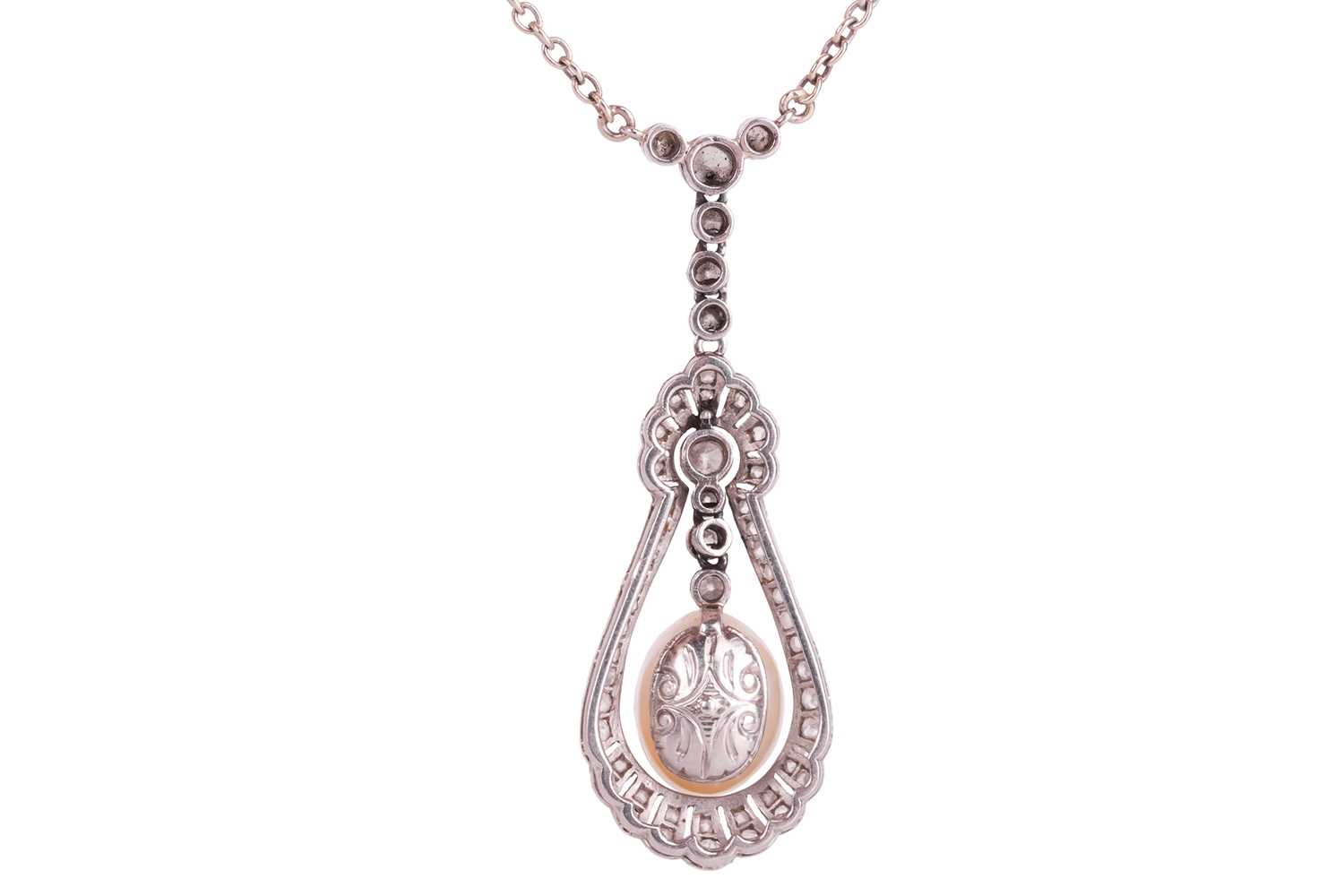 A natural saltwater pearl and diamond lavalier necklace, circa 1920s, featuring an egg-shaped pearl  - Image 2 of 4