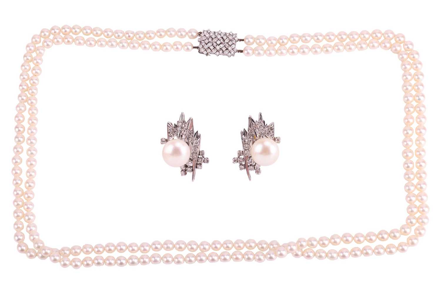 A double-row cultured pearl necklace with diamond clasp, together with a pair of pearl and diamond c