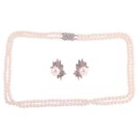 A double-row cultured pearl necklace with diamond clasp, together with a pair of pearl and diamond c