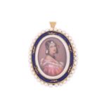A seed pearl and enamel portrait miniature pendant-cum-brooch, depicting a portrait of a lady in a p