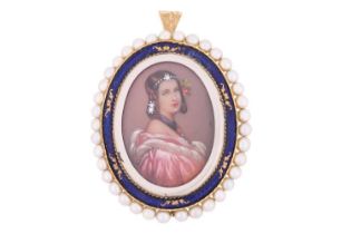 A seed pearl and enamel portrait miniature pendant-cum-brooch, depicting a portrait of a lady in a