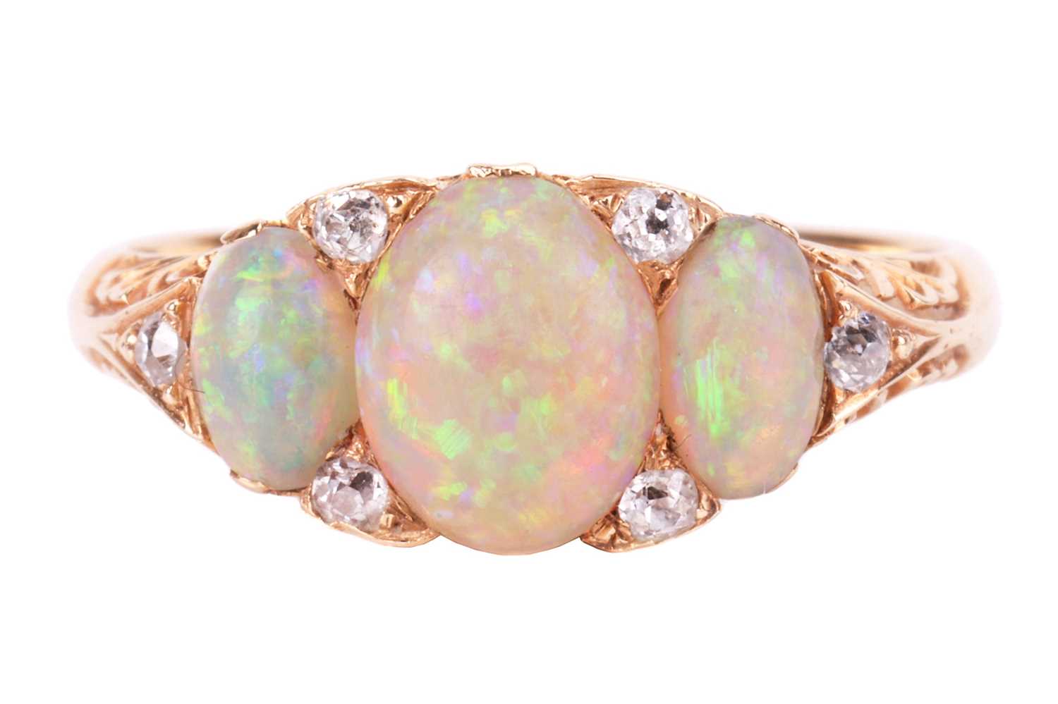 An opal and diamond half-hoop ring, featuring three graduated oval cabochons, displaying spectral pl