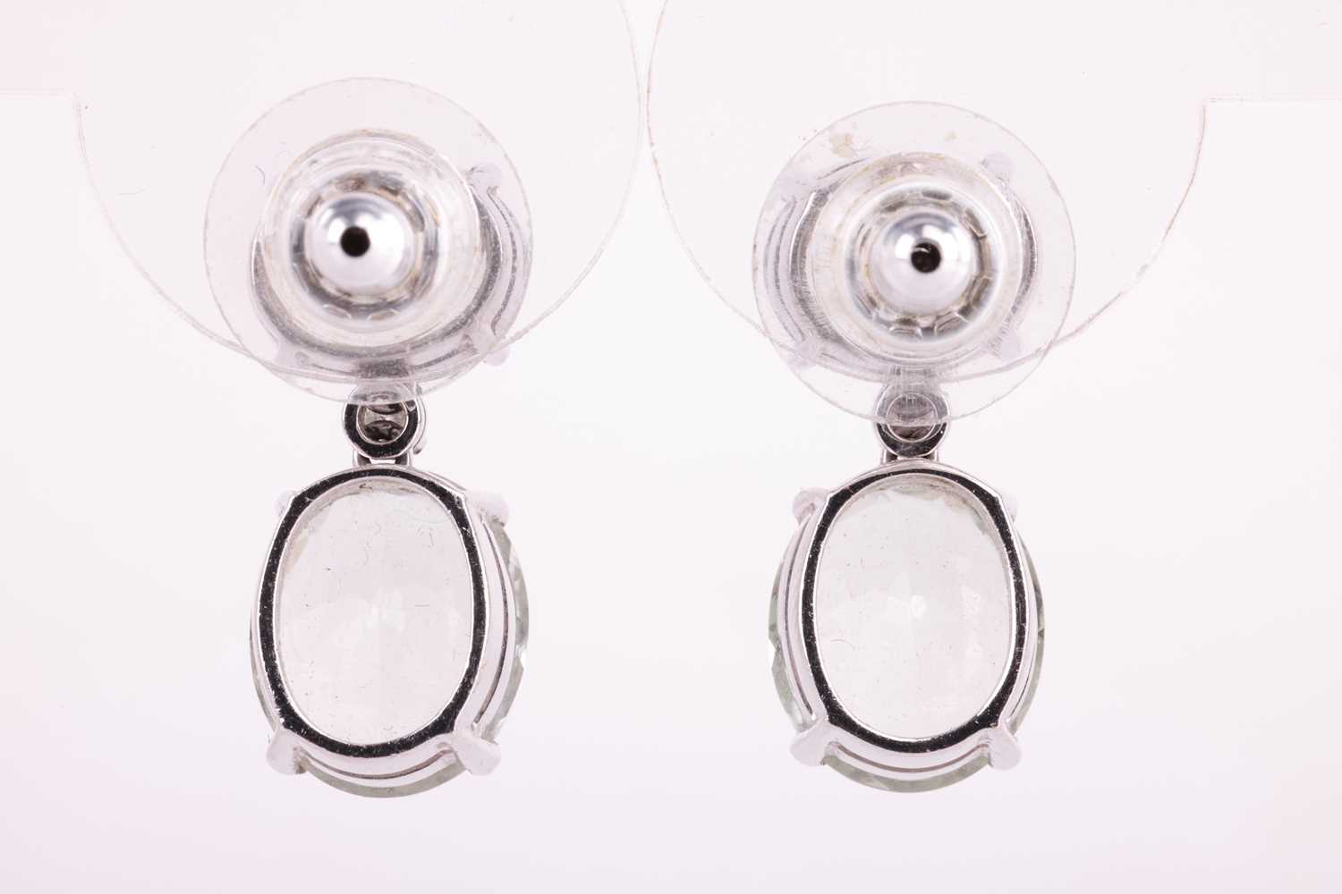 A pair of prasiolite and diamond earrings, each earring set with two oval prasiolite with a brillian - Image 3 of 3