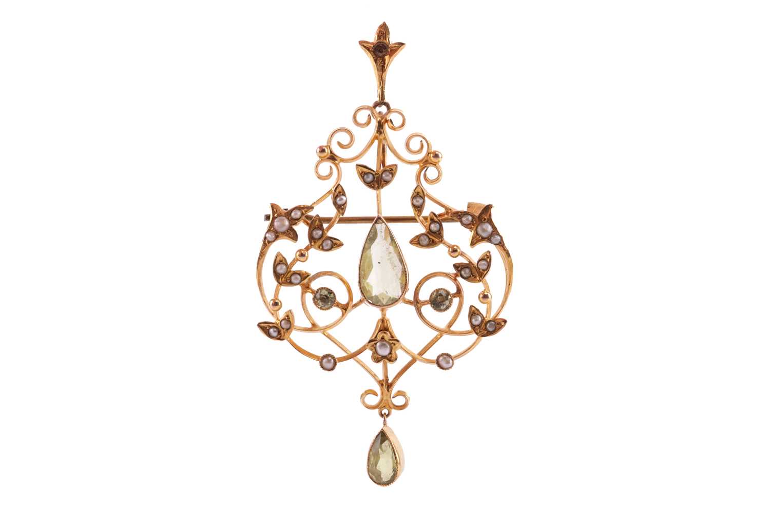 An Edwardian peridot and seed pearl guirlande brooch-cum-pendant, featuring a pear-shaped peridot, c