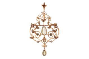 An Edwardian peridot and seed pearl guirlande brooch-cum-pendant, featuring a pear-shaped peridot,