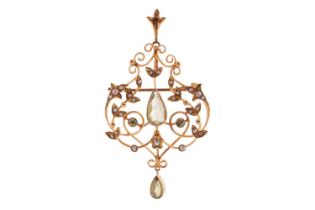 An Edwardian peridot and seed pearl guirlande brooch-cum-pendant, featuring a pear-shaped peridot, c