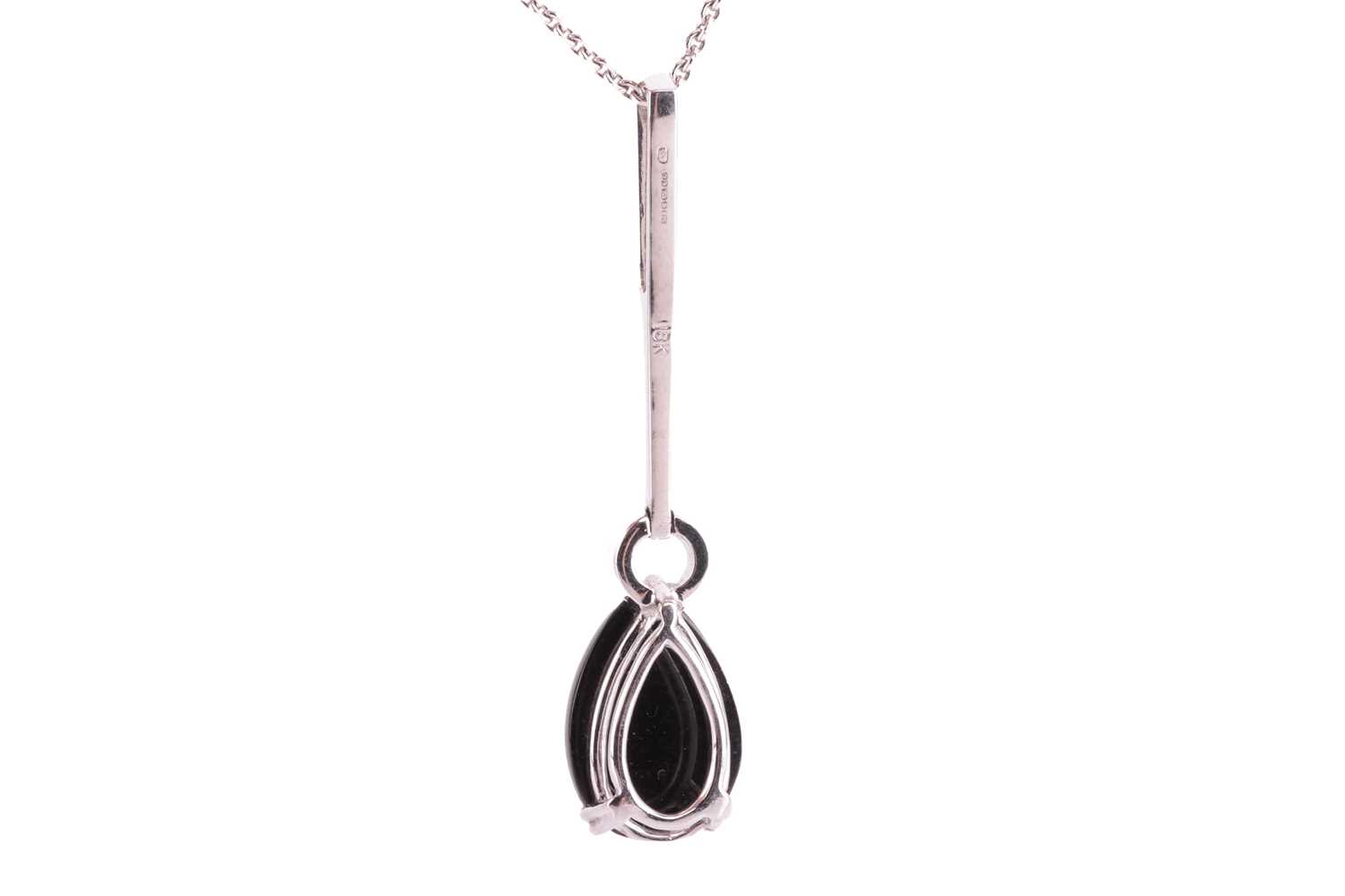 A Whitby jet and diamond drop pendant on chain, featuring a teardrop-shaped jet cabochon of 13.0 x 9 - Image 2 of 3